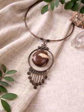 Boho Stone Pendant Necklace Copper Statement Artisan